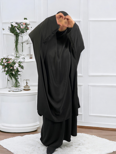 Jilbab 2 Pièces en Soie de Médine - Noir - Élégance et Confort